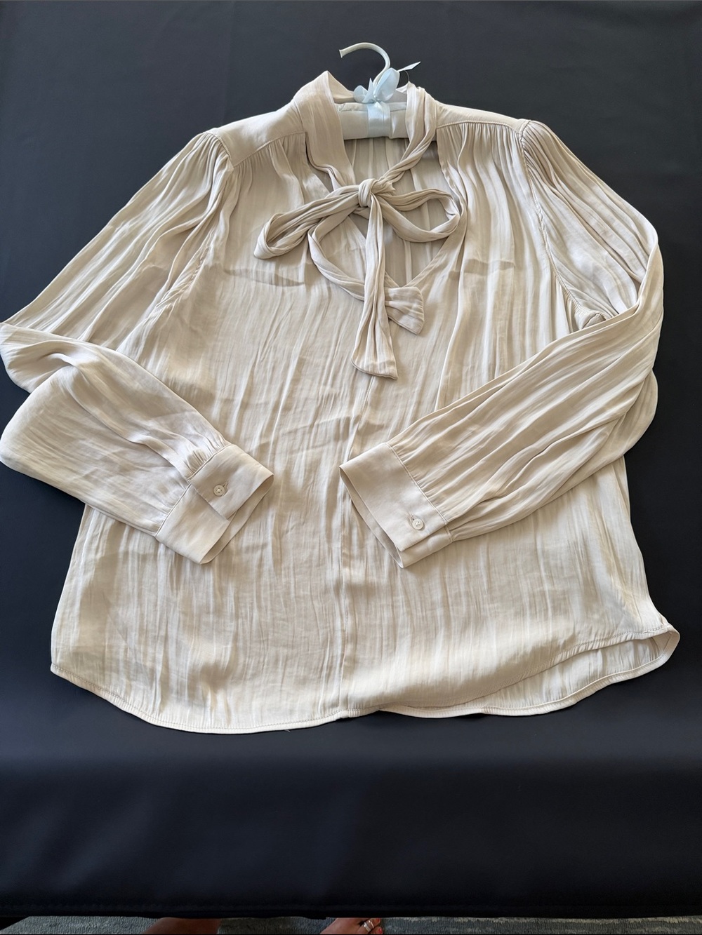 Women’s Cream Tie-Neck Long Sleeve Satin Blouse